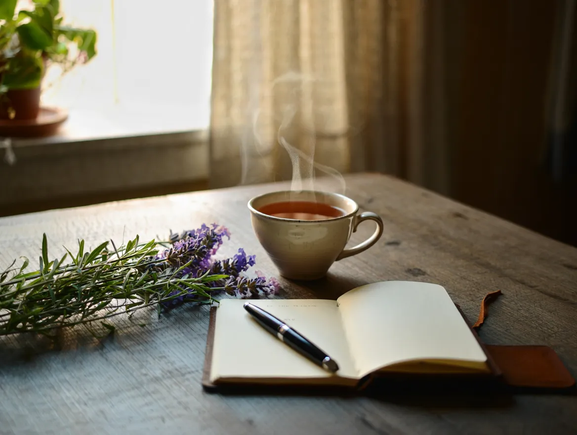 A calm morning scene with a cup of herbal tea, a journal, and soft natural light